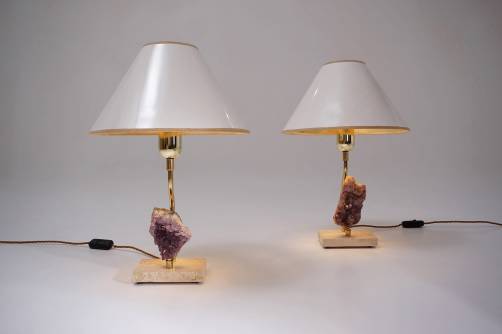 Pair Willy Daro brutalist table lamps, amethyst crystals & brass, 1970`s ca, Belgium